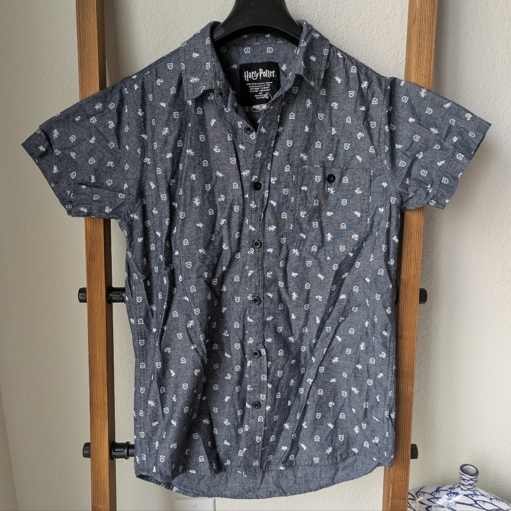 Harry Potter Inspired Men's Dark Gray Patterned Button Down Shirt - Size S